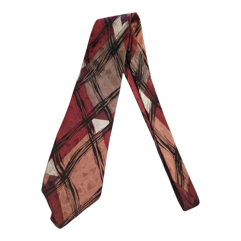 Bugatti Burgundy Tan Abstract Plaid Silk Tie
